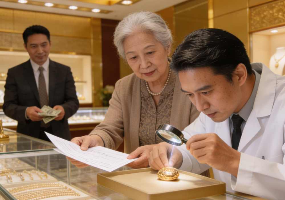 Plano Gold and Silver Exchange customer viewing a gold necklace presented by a jeweler in a jewelry store, showcasing professional service and luxury gold jewelry selection.